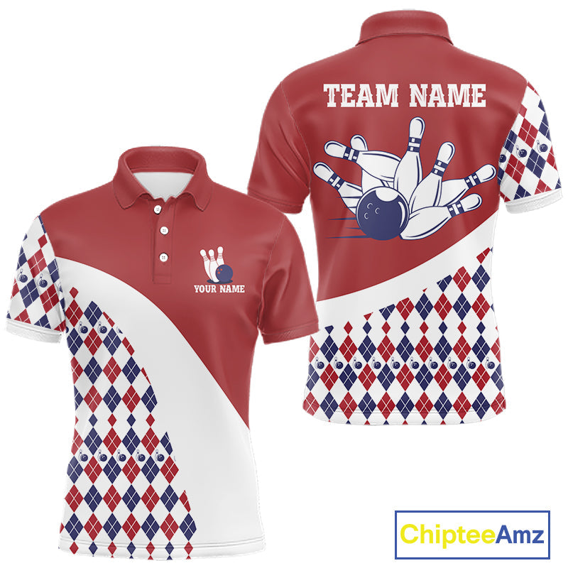 Custom Red White Argyle Pattern Bowling Jersey Bowling Team Shirts Polo & 1/4 Zip