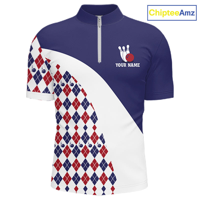Custom Blue Red Argyle Pattern Bowling Jersey Bowling Team Shirts Polo & 1/4 Zip