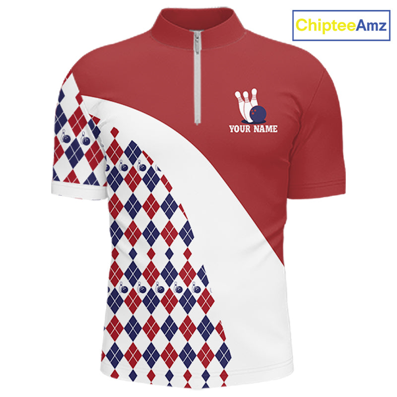 Custom Red White Argyle Pattern Bowling Jersey Bowling Team Shirts Polo & 1/4 Zip