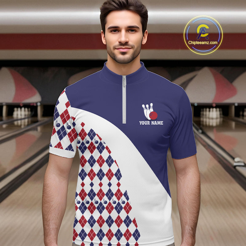 Custom Blue Red Argyle Pattern Bowling Jersey Bowling Team Shirts Polo & 1/4 Zip