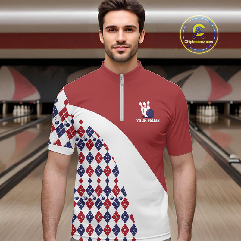 Custom Red White Argyle Pattern Bowling Jersey Bowling Team Shirts Polo & 1/4 Zip