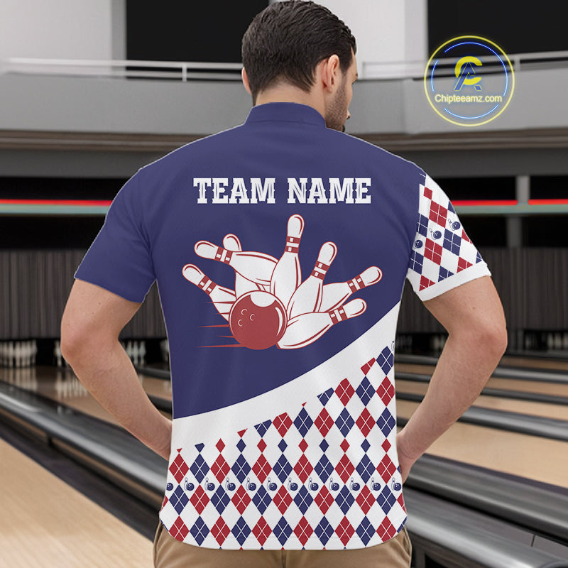 Custom Blue Red Argyle Pattern Bowling Jersey Bowling Team Shirts Polo & 1/4 Zip