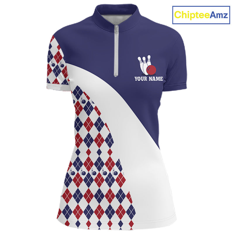 Custom Blue Red Argyle Pattern Bowling Jersey Bowling Team Shirts Polo & 1/4 Zip