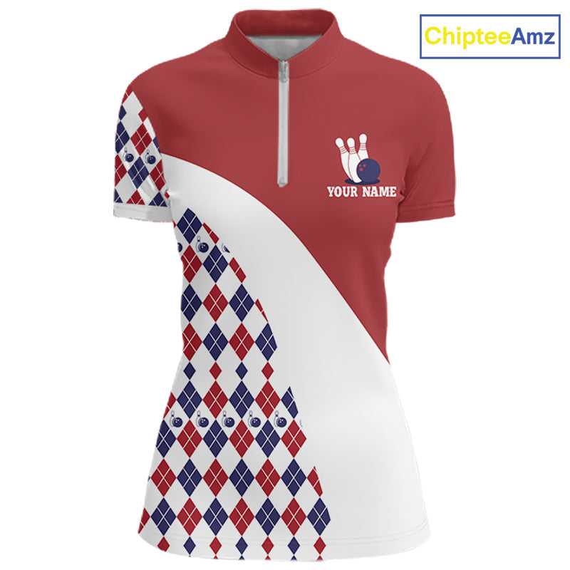 Custom Red White Argyle Pattern Bowling Jersey Bowling Team Shirts Polo & 1/4 Zip