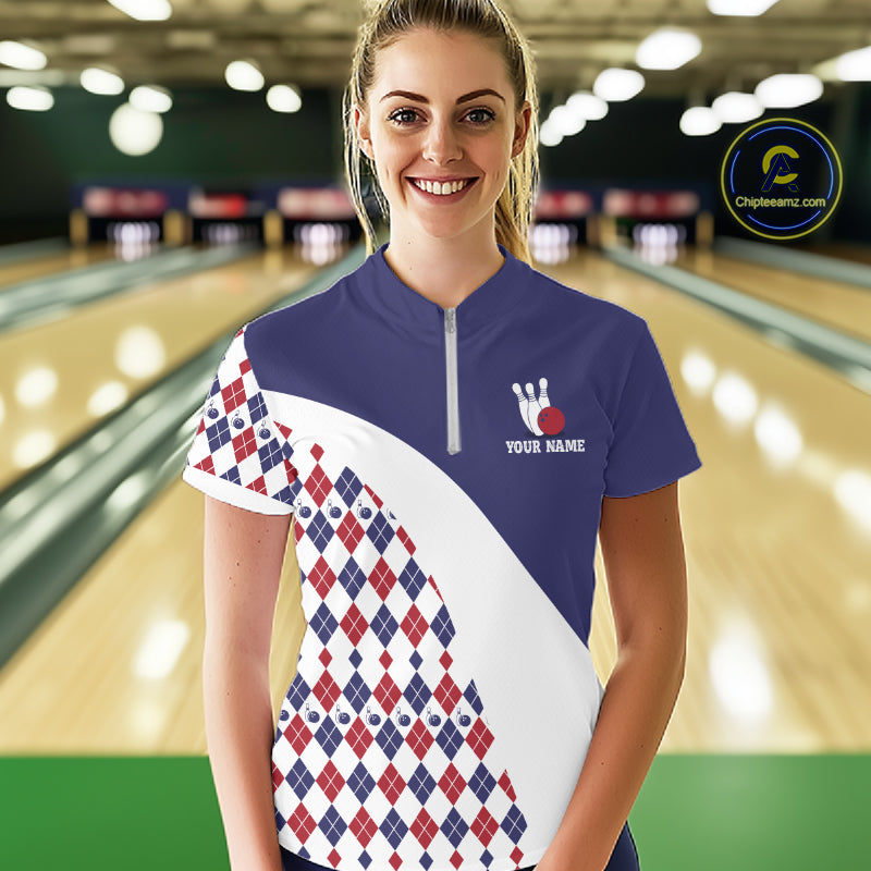 Custom Blue Red Argyle Pattern Bowling Jersey Bowling Team Shirts Polo & 1/4 Zip