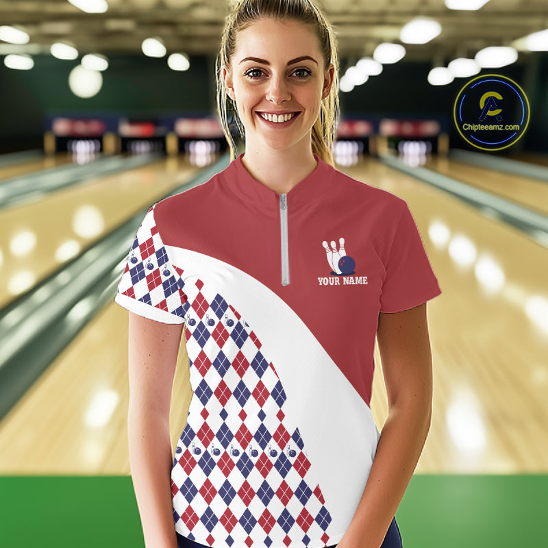 Custom Red White Argyle Pattern Bowling Jersey Bowling Team Shirts Polo & 1/4 Zip