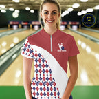 Custom Red White Argyle Pattern Bowling Jersey Bowling Team Shirts Polo & 1/4 Zip