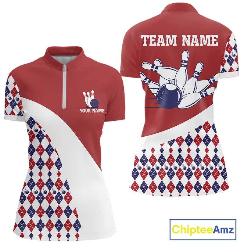 Custom Red White Argyle Pattern Bowling Jersey Bowling Team Shirts Polo & 1/4 Zip