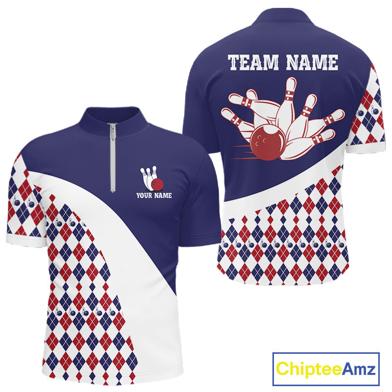 Custom Blue Red Argyle Pattern Bowling Jersey Bowling Team Shirts Polo & 1/4 Zip