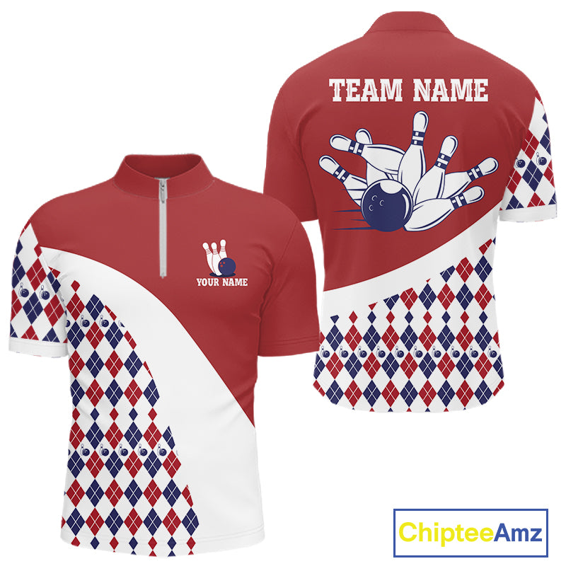 Custom Red White Argyle Pattern Bowling Jersey Bowling Team Shirts Polo & 1/4 Zip