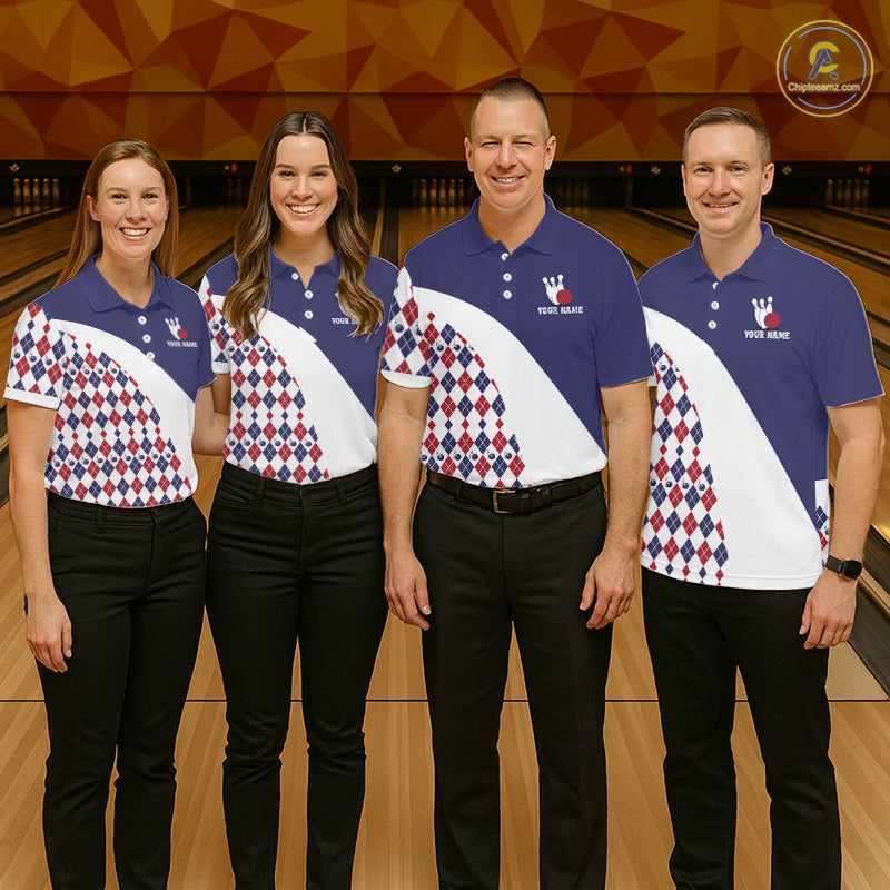 Custom Blue Red Argyle Pattern Bowling Jersey Bowling Team Shirts Polo & 1/4 Zip