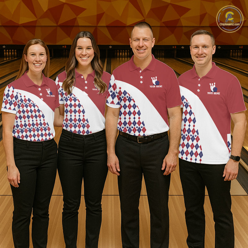 Custom Red White Argyle Pattern Bowling Jersey Bowling Team Shirts Polo & 1/4 Zip