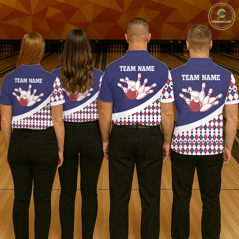 Custom Blue Red Argyle Pattern Bowling Jersey Bowling Team Shirts Polo & 1/4 Zip
