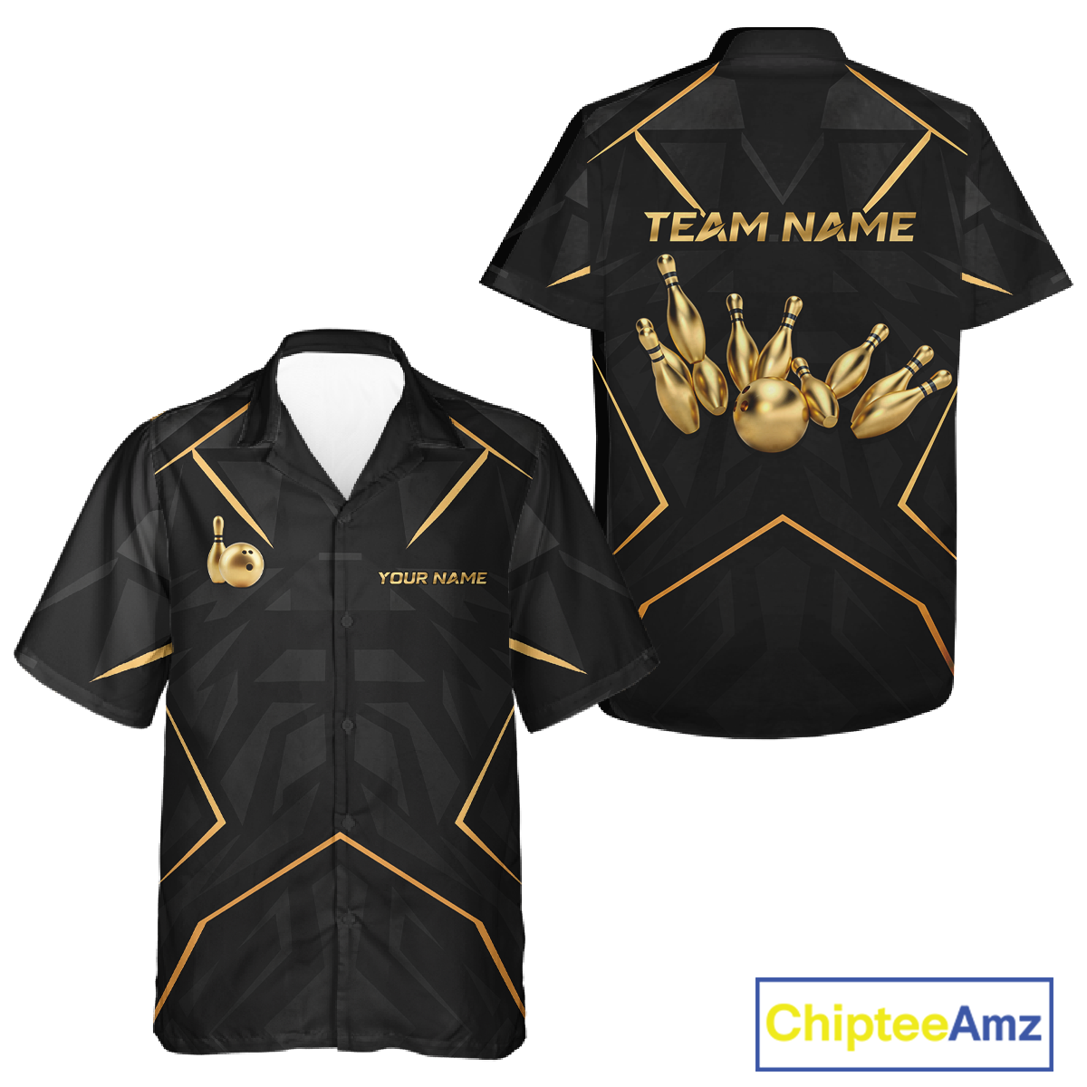 Custom Black and Gold Hawaiian Bowling Jersey Bowling Team Shirts