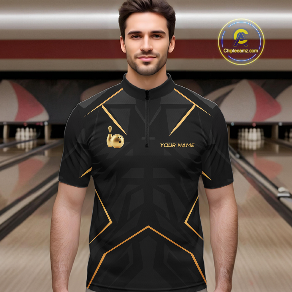 Black and Gold Bowling Jersey Custom Bowling Team Shirts Bowling League Polo & 1/4 Zip