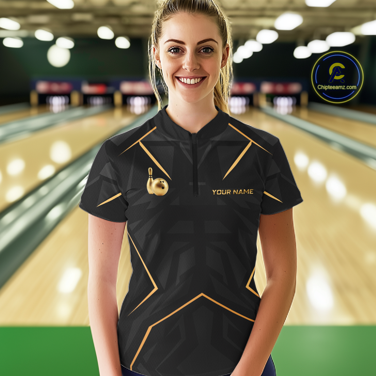 Black and Gold Bowling Jersey Custom Bowling Team Shirts Bowling League Polo & 1/4 Zip
