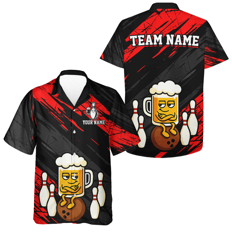 Custom Red Funny Beer Hawaiian Bowling Jersey Bowling Uniform Bowling Team Shirts