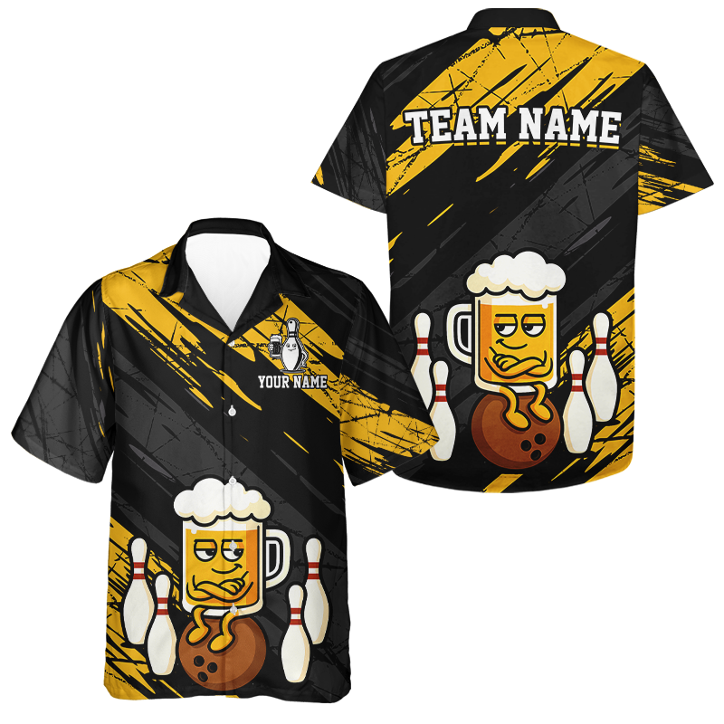 Custom Yellow Funny Beer Hawaiian Bowling Jersey Bowling Uniform Bowling Team Shirts