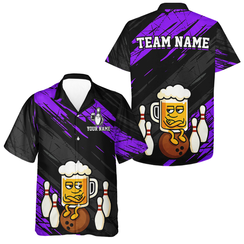 Custom Purple Funny Beer Hawaiian Bowling Jersey Bowling Uniform Bowling Team Shirts