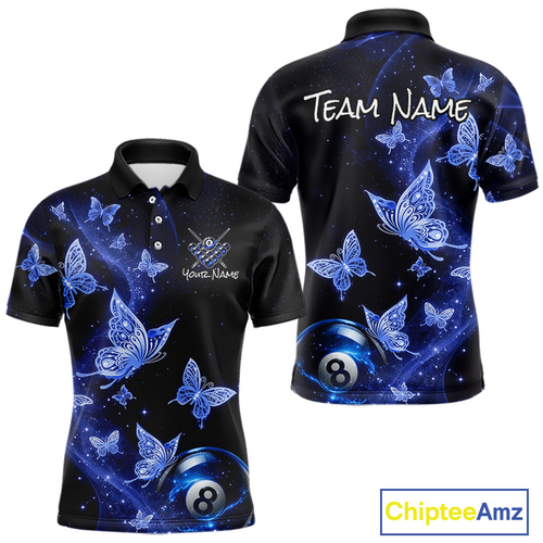 Custom Blue Butterfly Galaxy 8 Ball Billiard Shirt Billiard Team Jersey Billiard League