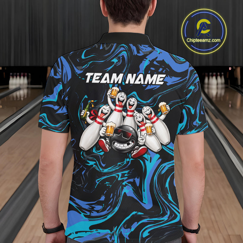 Custom Blue And Teal Drunk Bowling Balls And Pins Funny Beer Bowling Team Shirts