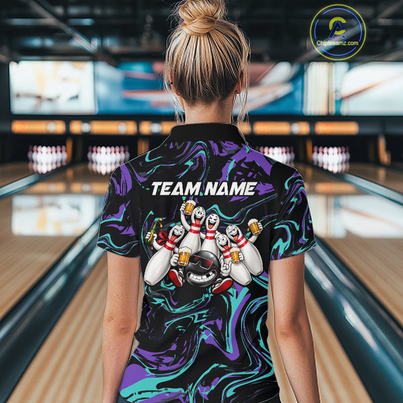 Custom Purple And Teal Drunk Bowling Balls And Pins Funny Beer Bowling Team Shirts
