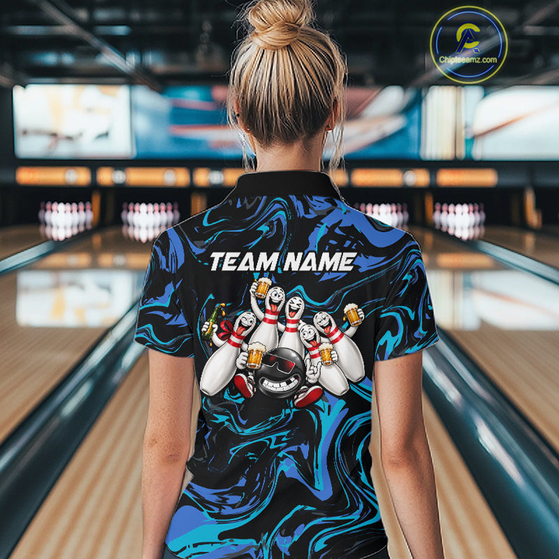 Custom Blue And Teal Drunk Bowling Balls And Pins Funny Beer Bowling Team Shirts