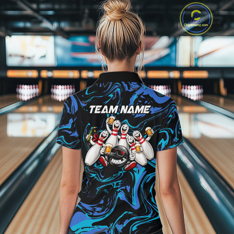 Custom Teal And Blue Funny Drunk Beer Bowling Balls And Pins Bowling Team Shirts