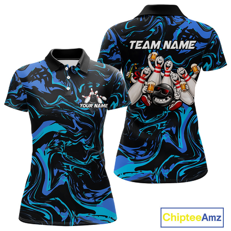 Custom Teal And Blue Funny Drunk Beer Bowling Balls And Pins Bowling Team Shirts
