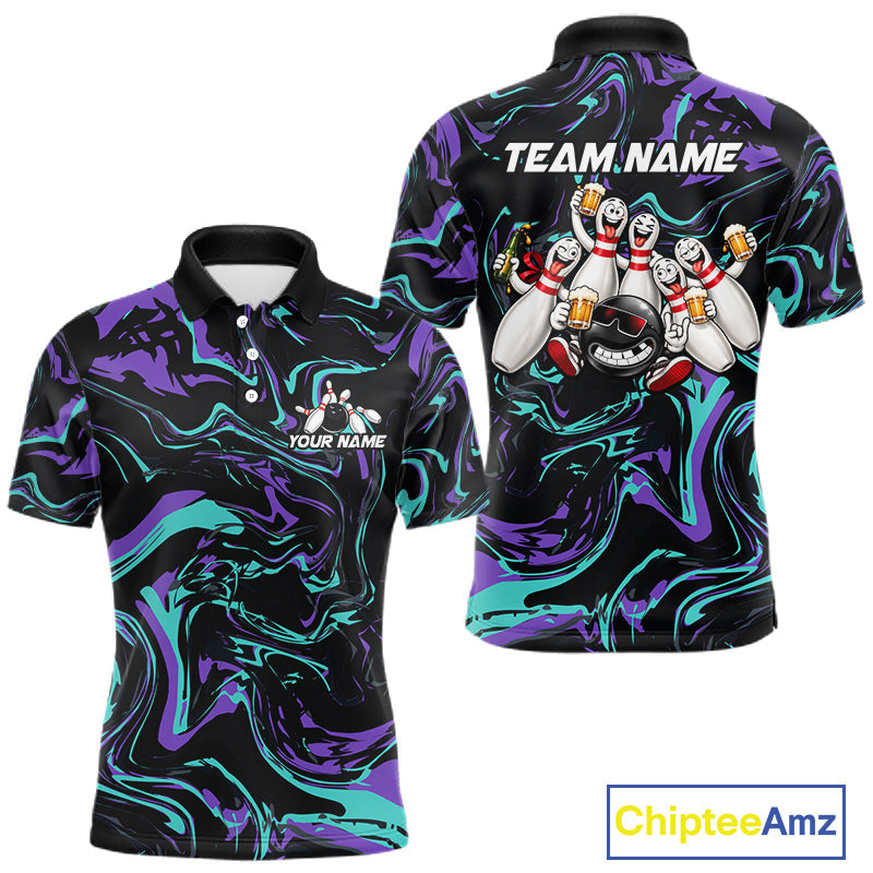 Custom Purple And Teal Drunk Bowling Balls And Pins Funny Beer Bowling Team Shirts