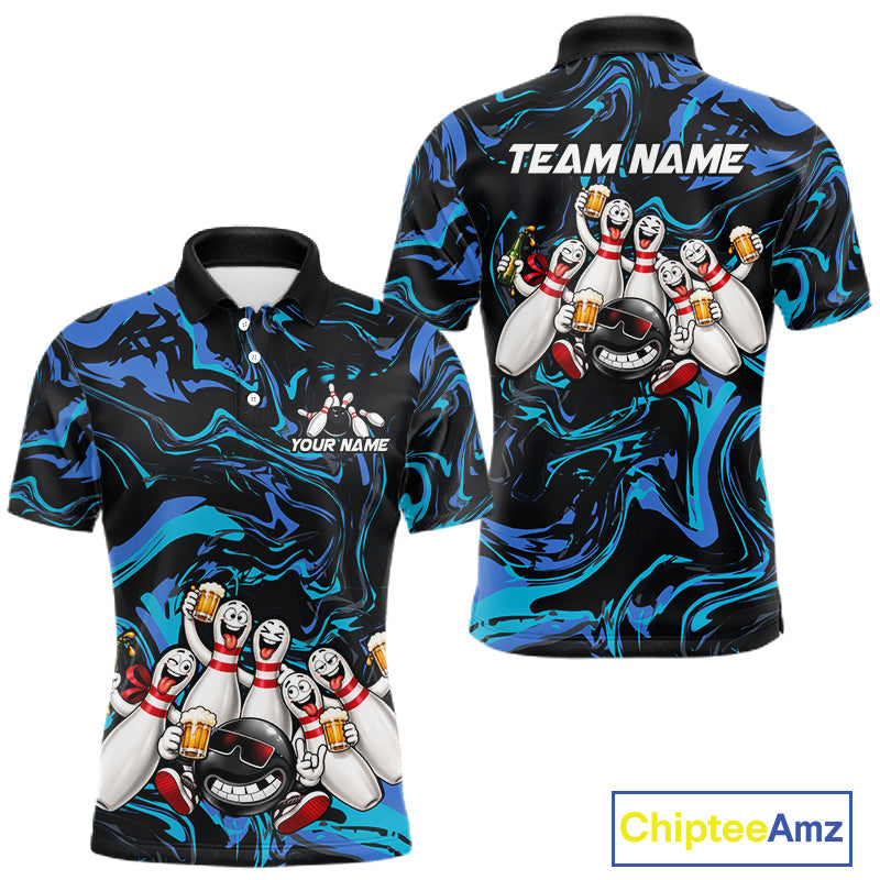 Custom Blue And Teal Drunk Bowling Balls And Pins Funny Beer Bowling Team Shirts