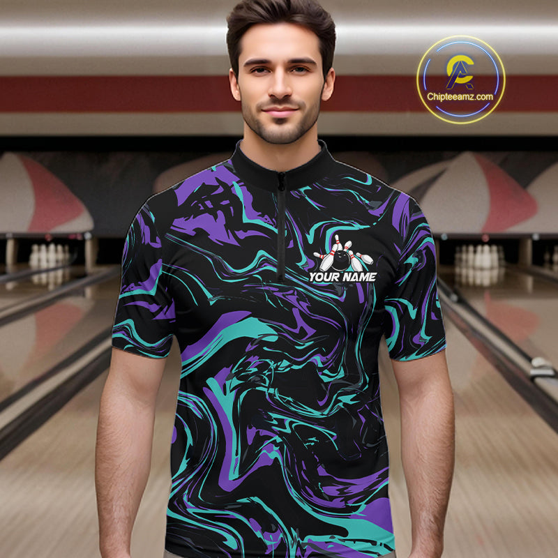Custom Purple And Teal Drunk Bowling Balls And Pins Funny Beer Bowling Team Shirts