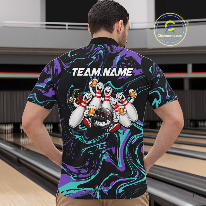 Custom Purple And Teal Drunk Bowling Balls And Pins Funny Beer Bowling Team Shirts