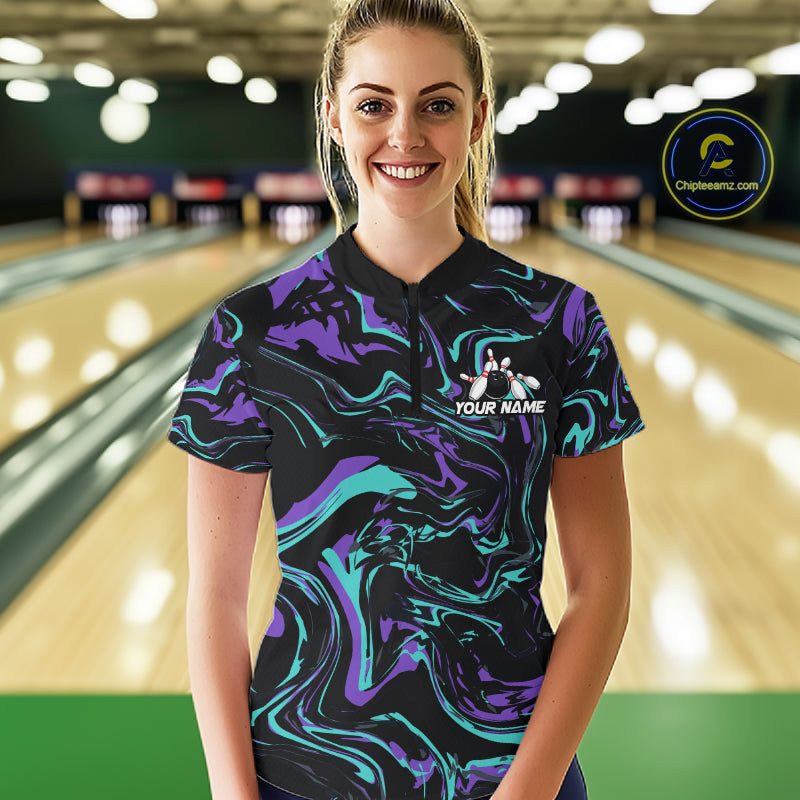 Custom Purple And Teal Drunk Bowling Balls And Pins Funny Beer Bowling Team Shirts