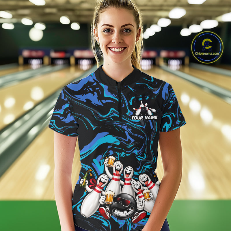 Custom Blue And Teal Drunk Bowling Balls And Pins Funny Beer Bowling Team Shirts