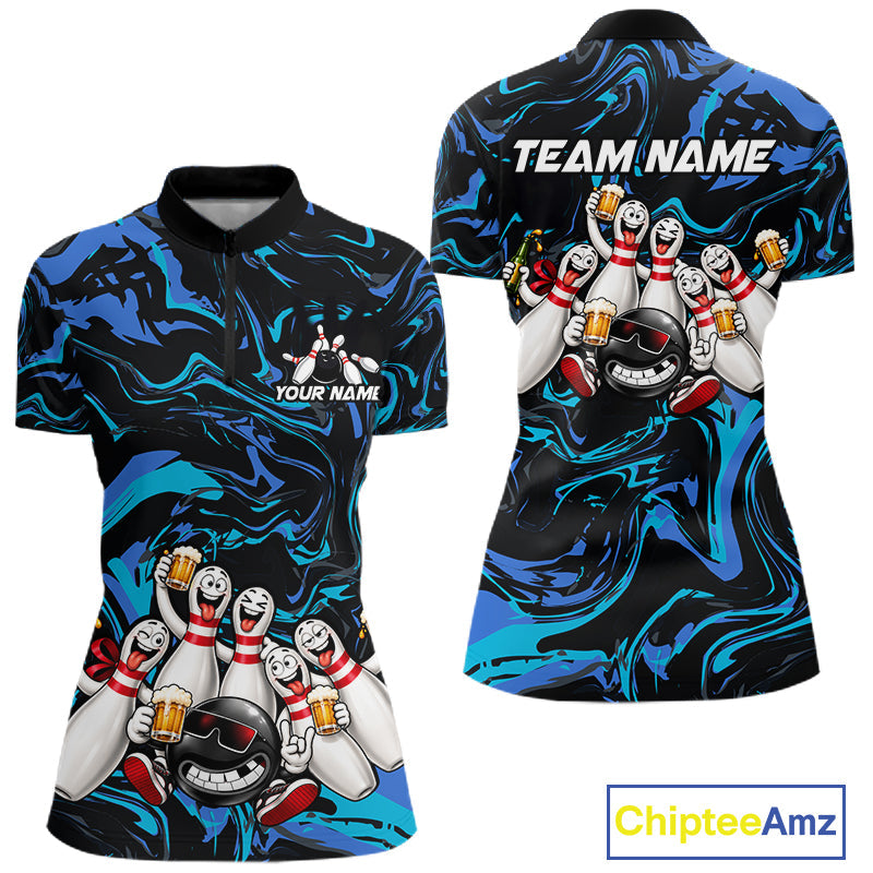 Custom Blue And Teal Drunk Bowling Balls And Pins Funny Beer Bowling Team Shirts