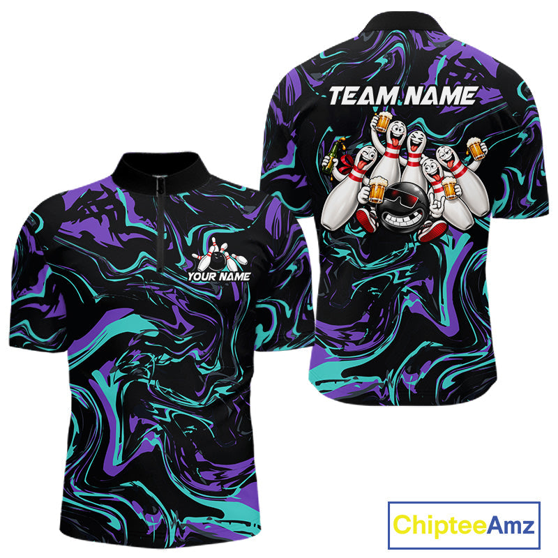 Custom Purple And Teal Drunk Bowling Balls And Pins Funny Beer Bowling Team Shirts