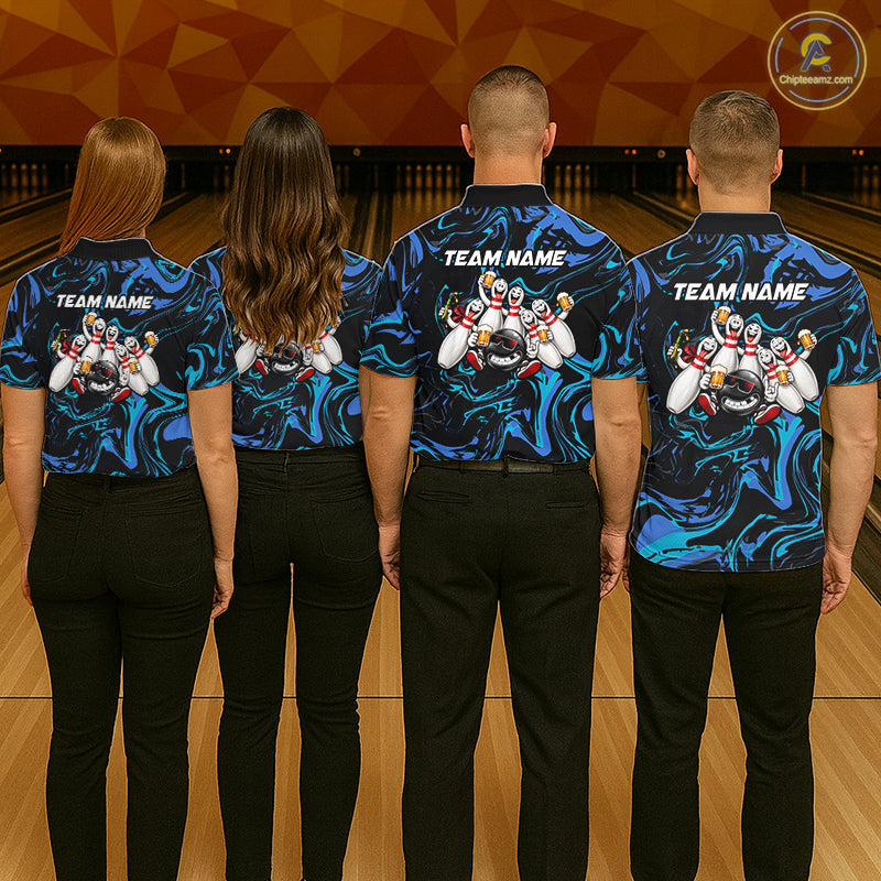 Custom Blue And Teal Drunk Bowling Balls And Pins Funny Beer Bowling Team Shirts
