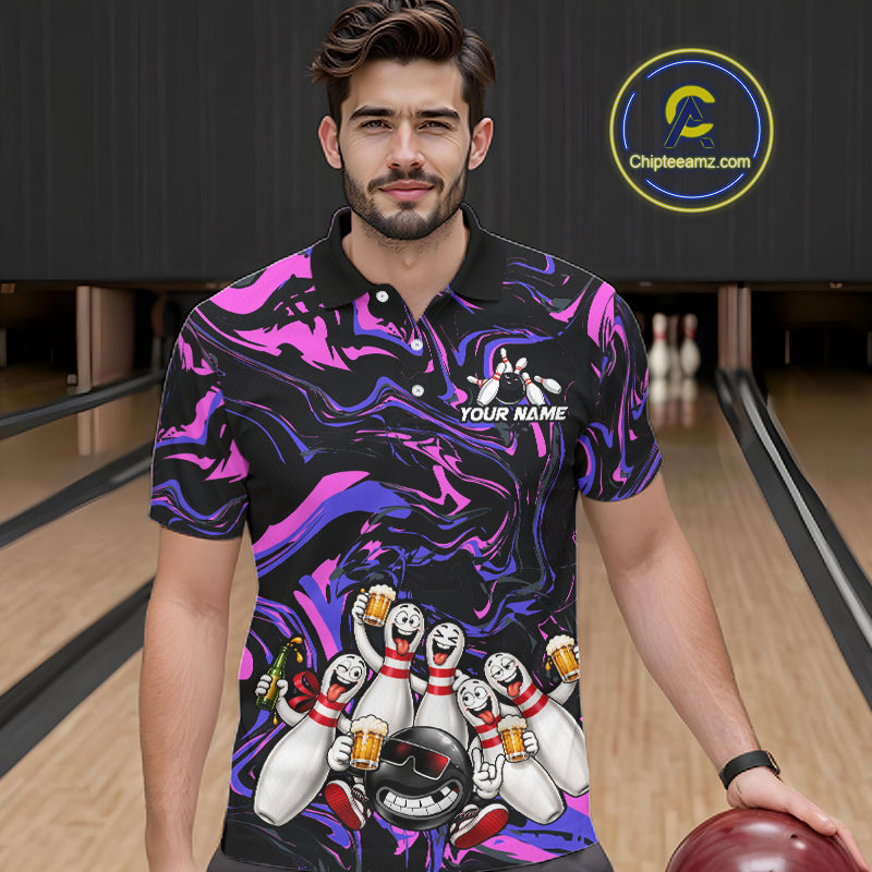 Custom Purple And Pink Funny Drunk Beer Bowling Balls And Pins Bowling Team Shirts