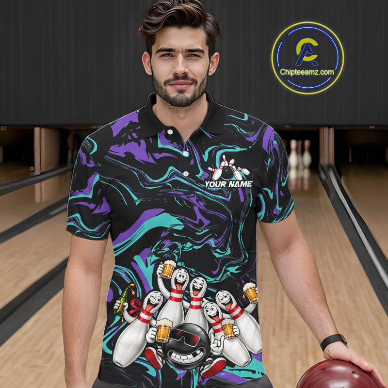 Custom Teal And Purple Funny Drunk Beer Bowling Balls And Pins Bowling Team Shirts