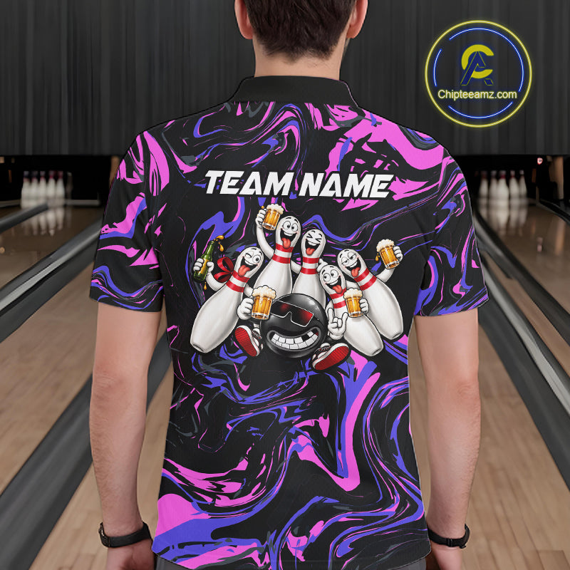 Custom Purple And Pink Funny Drunk Beer Bowling Balls And Pins Bowling Team Shirts