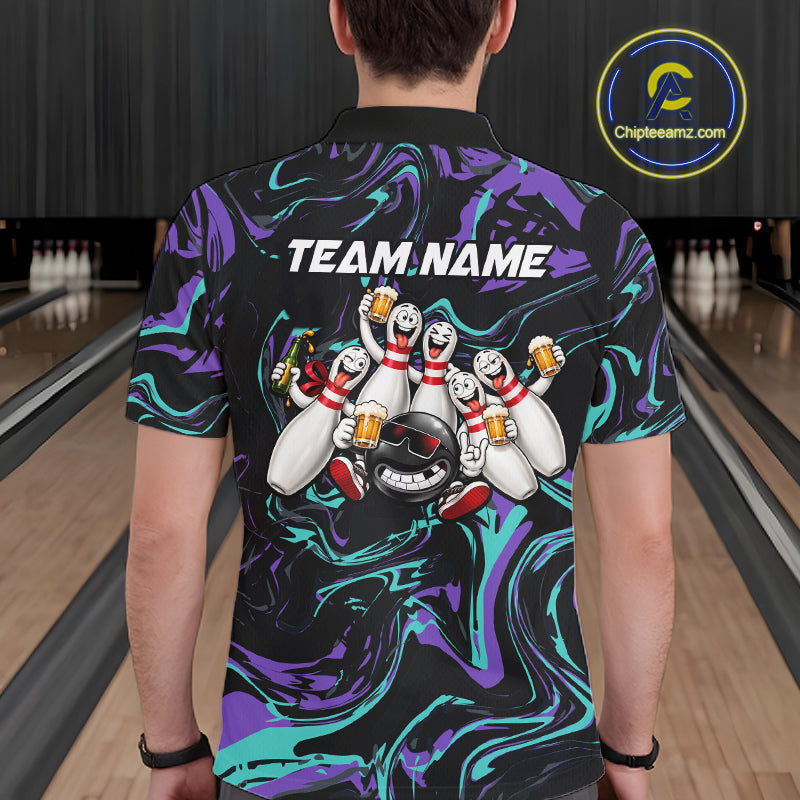 Custom Teal And Purple Funny Drunk Beer Bowling Balls And Pins Bowling Team Shirts