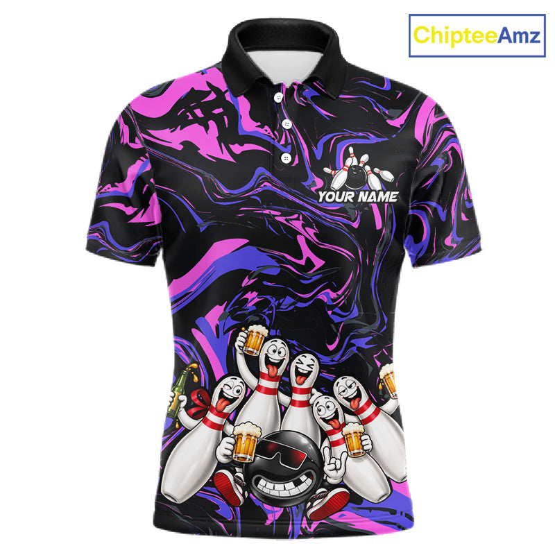 Custom Purple And Pink Funny Drunk Beer Bowling Balls And Pins Bowling Team Shirts