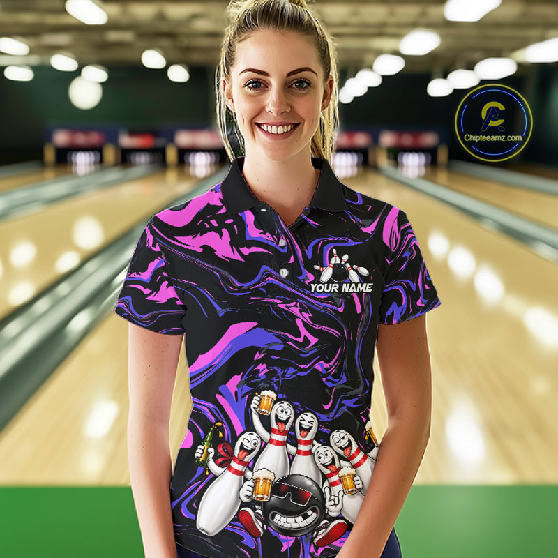 Custom Purple And Pink Funny Drunk Beer Bowling Balls And Pins Bowling Team Shirts