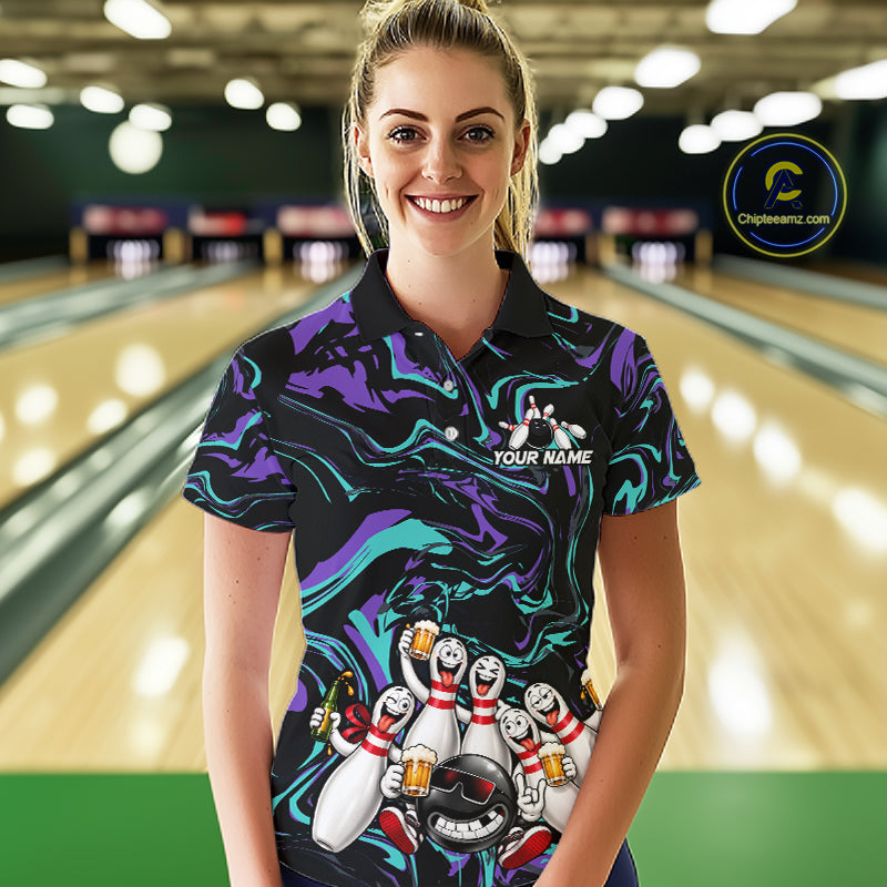 Custom Teal And Purple Funny Drunk Beer Bowling Balls And Pins Bowling Team Shirts