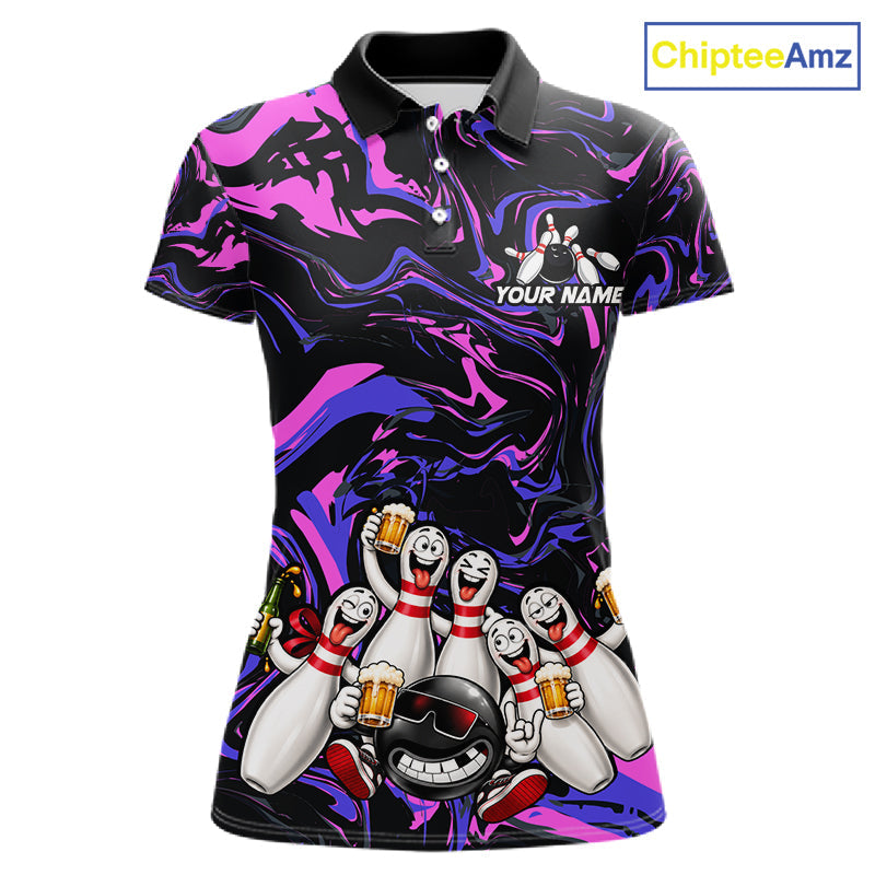 Custom Purple And Pink Funny Drunk Beer Bowling Balls And Pins Bowling Team Shirts