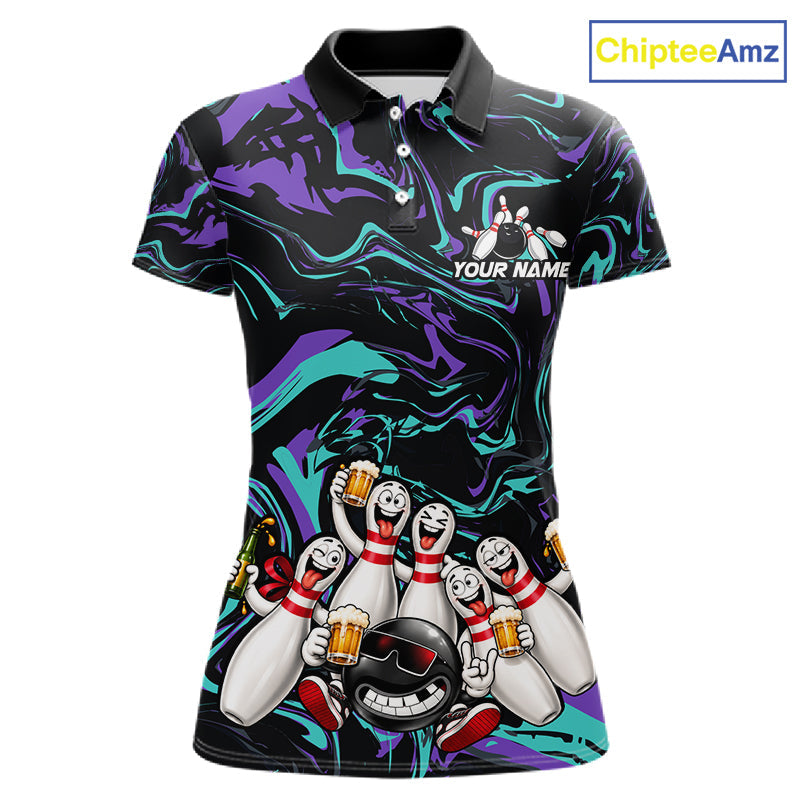 Custom Teal And Purple Funny Drunk Beer Bowling Balls And Pins Bowling Team Shirts