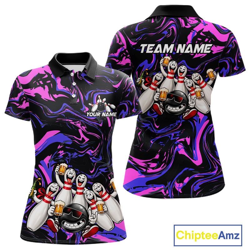Custom Purple And Pink Funny Drunk Beer Bowling Balls And Pins Bowling Team Shirts