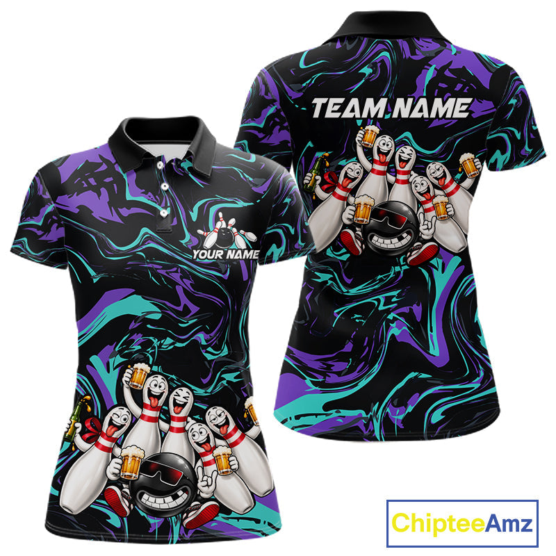 Custom Teal And Purple Funny Drunk Beer Bowling Balls And Pins Bowling Team Shirts