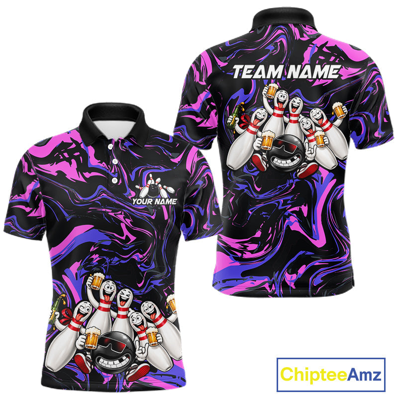 Custom Purple And Pink Funny Drunk Beer Bowling Balls And Pins Bowling Team Shirts